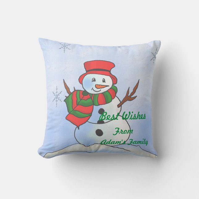 Custom snowman on snow and snowflakes cushion (Front)