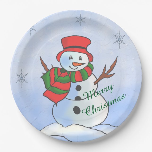 Custom snowman on snow and snowflakes paper plate (Front)