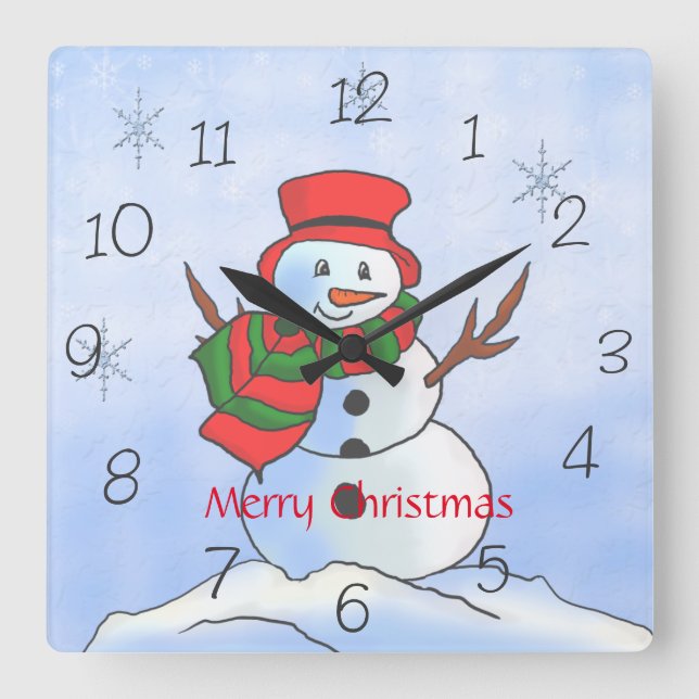 Custom snowman on snow and snowflakes square wall clock (Front)