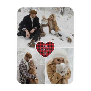 Custom Snowy Red Buffalo Plaid Photo Christmas Magnet