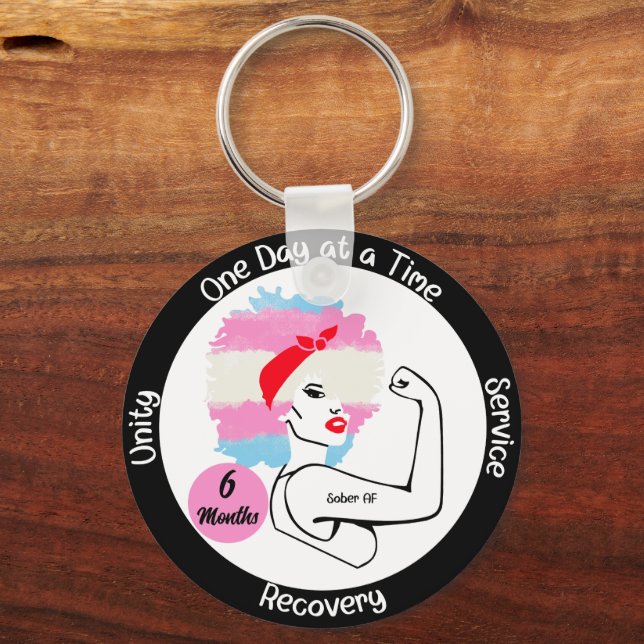 Custom Sobriety Milestone Gift – Trans Pride Key Ring (Front)