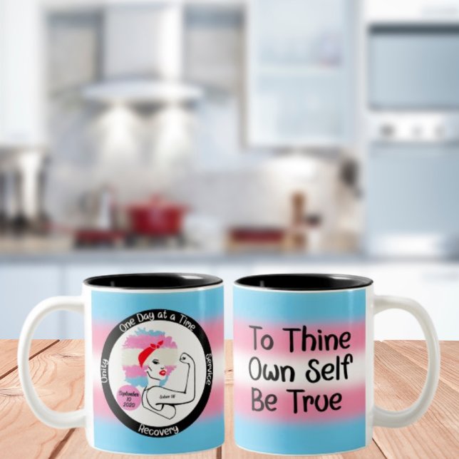 Custom Sobriety Milestone Gift – Trans Pride Two-Tone Coffee Mug (Creator Uploaded)