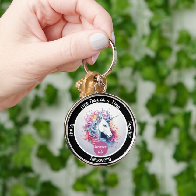 Custom Sobriety Recovery Milestone Gift - Unicorn Key Ring (Hand)