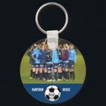 Custom Soccer Photo Collage Name Team Number Key Ring<br><div class="desc">This custom soccer photo collage features your uploaded soccer photos, a black and white soccer ball and your player's (or coach's) name, team name and number. All set against a colourful background that can be changed to match your team colours. Click on customise and then the small eye dropper. The...</div>