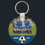 Custom Soccer Photo Collage Name Team Number Key Ring<br><div class="desc">This custom soccer photo collage features your uploaded soccer photos, a black and white soccer ball and your player's (or coach's) name, team name and number. All set against a colourful background that can be changed to match your team colours. Click on customise and then the small eye dropper. The...</div>