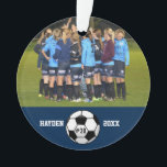 Custom Soccer Photo Collage Name Team Number Ornament<br><div class="desc">This custom soccer photo collage features your uploaded soccer photos, a black and white soccer ball and your player's (or coach's) name, team name and number. All set against a colourful background that can be changed to match your team colours. Click on customise and then the small eye dropper. The...</div>