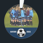 Custom Soccer Photo Collage Name Team Number Ornament<br><div class="desc">This custom soccer photo collage features your uploaded soccer photos, a black and white soccer ball and your player's (or coach's) name, team name and number. All set against a colourful background that can be changed to match your team colours. Click on customise and then the small eye dropper. The...</div>