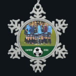 Custom Soccer Photo Collage Name Team Number Snowflake Pewter Christmas Ornament<br><div class="desc">This custom soccer photo collage features your uploaded soccer photos, a black and white soccer ball and your player's (or coach's) name, team name and number. All set against a colourful background that can be changed to match your team colours. Click on customise and then the small eye dropper. The...</div>