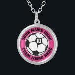 Custom soccer player jersey number team name small silver plated necklace<br><div class="desc">Custom soccer player jersey number team name small Silver Plated Necklace. Personalised sports gift for soccer player,  fan and coach. Pink or custom background colour. Sporty presents for girl,  sister,  daughter,  granddaughter,  mum,  friend,  team mate etc.</div>