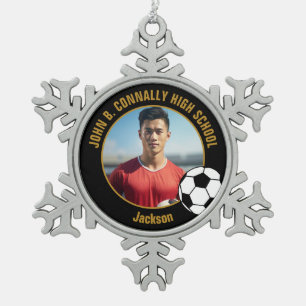 Custom Soccer Player Photo Black Gold High School Snowflake Pewter Christmas Ornament