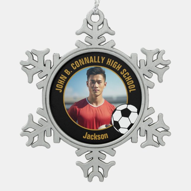 Custom Soccer Player Photo Black Gold High School Snowflake Pewter Christmas Ornament (Front)