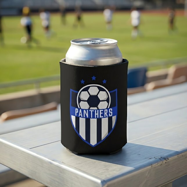 Custom Soccer Shield with Team Name or Text Can Cooler (Custom soccer can cooler at a soccer game.)