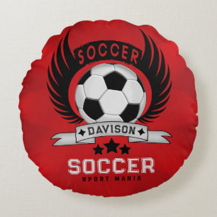 Custom Soccer Sportsman Emblem With Ball And Wings Round Cushion