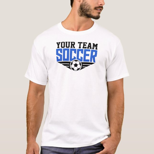 Custom Soccer Team Blue Text T-Shirt (Front)