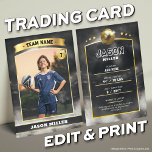 Custom Soccer Trading Card Black Gold Stadium<br><div class="desc">Score big with this custom soccer trading card featuring a bold black and gold stadium design! Perfect for young athletes, sports teams, or soccer fans, this editable trading card template lets you customise player stats, team name, and photo for a professional, collectable look. Whether for end-of-season gifts, team keepsakes, or...</div>