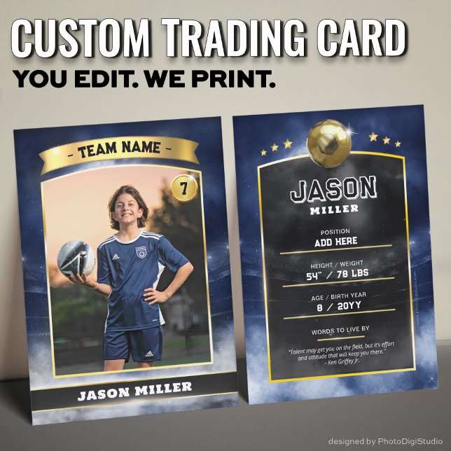 Custom Soccer Trading Card Blue Gold Stadium (Custom Trading Card, Editable Soccer Trading Card, Modern Blue Gold Stadium Design)