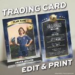 Custom Soccer Trading Card Blue Gold Stadium<br><div class="desc">Score big with this custom soccer trading card featuring a bold blue and gold stadium design! Perfect for young athletes, sports teams, or soccer fans, this editable trading card template lets you customise player stats, team name, and photo for a professional, collectable look. Whether for end-of-season gifts, team keepsakes, or...</div>