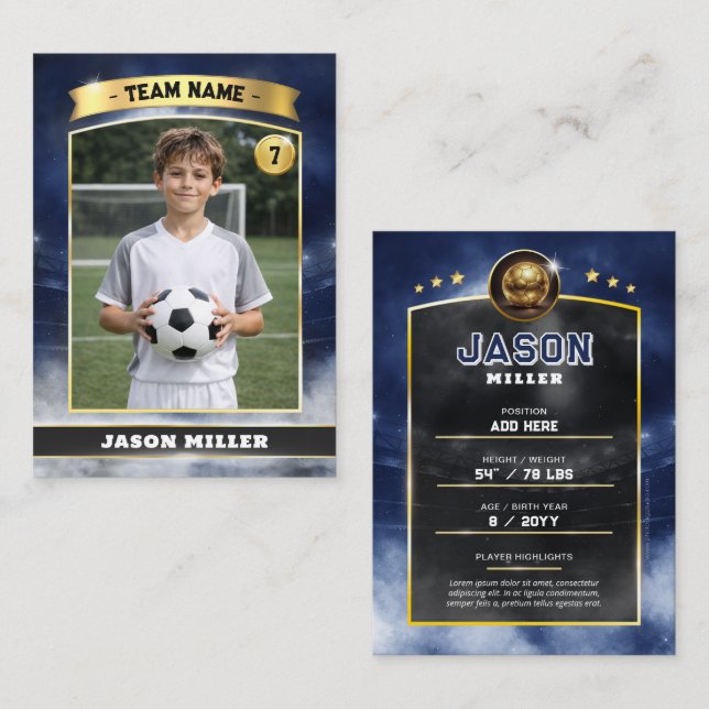 Custom Soccer Trading Card, Blue Gold Stadium Call Calling Card (Front/Back)