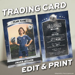 Custom Soccer Trading Card Blue Silver Stadium<br><div class="desc">Score big with this custom soccer trading card featuring a bold blue and silver stadium design! Perfect for young athletes, sports teams, or soccer fans, this editable trading card template lets you customise player stats, team name, and photo for a professional, collectable look. Whether for end-of-season gifts, team keepsakes, or...</div>