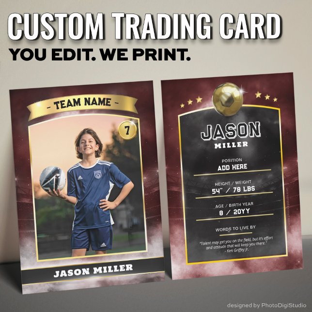 Custom Soccer Trading Card Red Gold Stadium (Custom Trading Card, Editable Soccer Trading Card, Modern Red Gold Stadium Design)