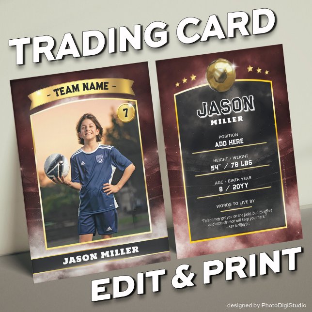 Custom Soccer Trading Card Red Gold Stadium (Custom Trading Card, Editable Soccer Trading Card, Modern Red Gold Stadium Design)