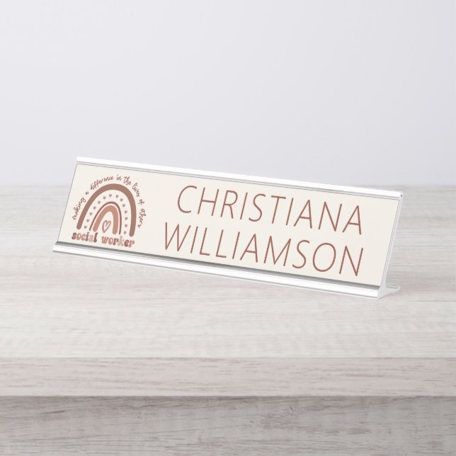 Custom Social Worker Boho Rainbow Minimalist Desk Name Plate (Front)