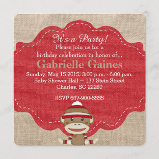 Custom Sock Monkey Birthday Party Invitation
