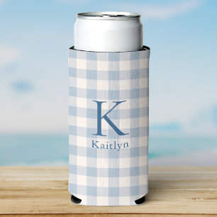 Custom Soft Light Blue Gingham Heirloom Monogram Seltzer Can Cooler