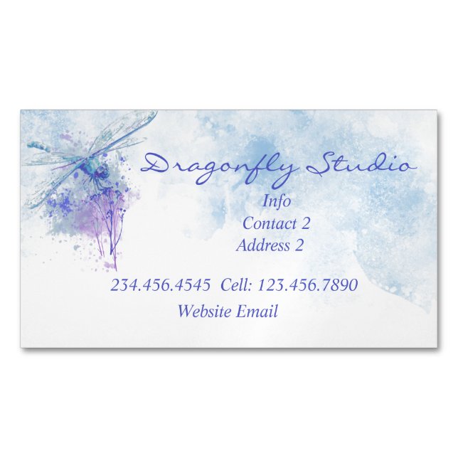 Custom Soft Watercolor Blue  Dragonfly   Magnetic Business Card (Front)