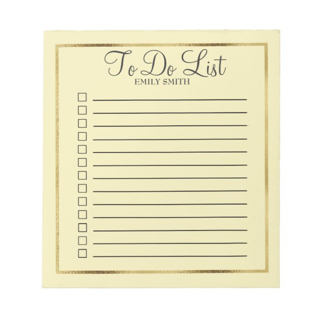 Custom Soft Yellow and Gold To Do Notepad (Front)