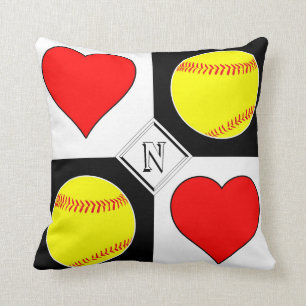 Custom Softball & Heart Square Chequered Pattern Cushion