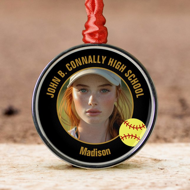 Custom Softball Player Photo Christmas Black Gold Metal Ornament (Creator Uploaded)
