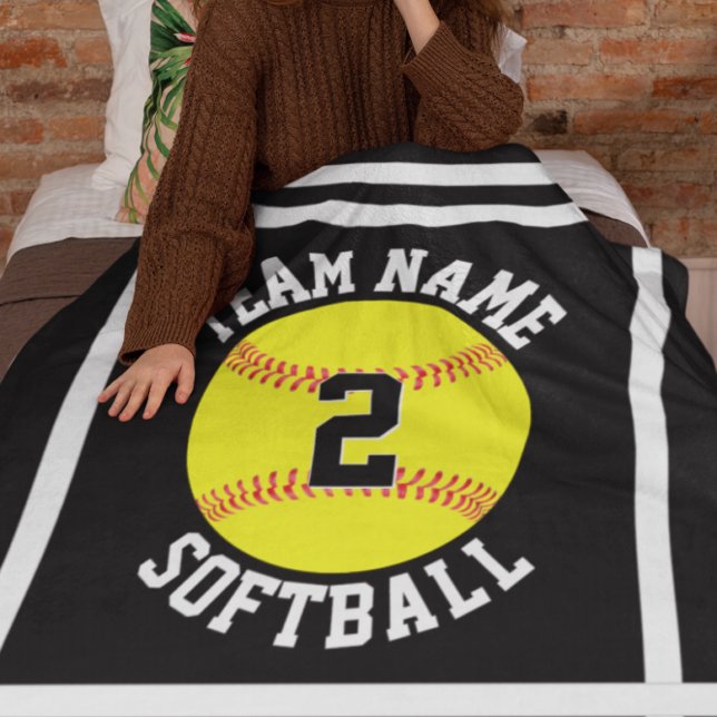 Custom Softball Team Name & Player Number Sports Fleece Blanket (Customizable softball blanket with custom team name and player number)