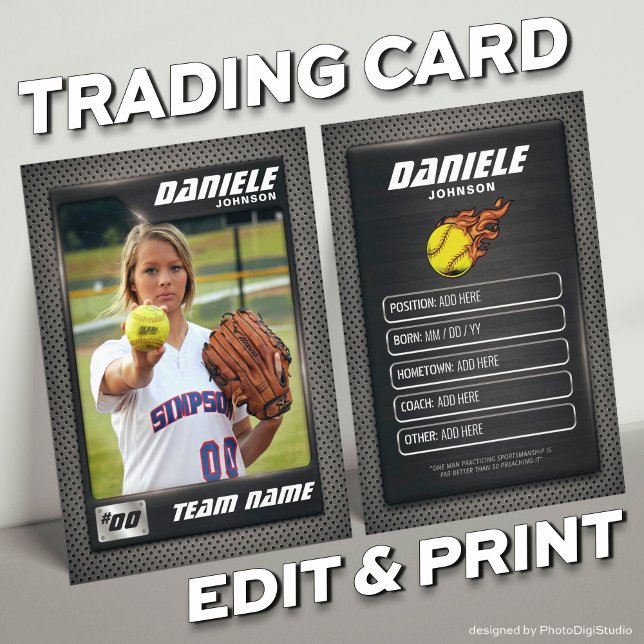 Custom Softball Trading Card, Softball Card  (Graphite Softball Trading Card, Custom Softball Player Card)