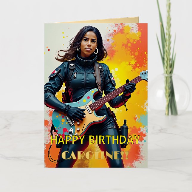Custom Soldier Girl Guitarist Art Inspirational Foil Greeting Card (Front)