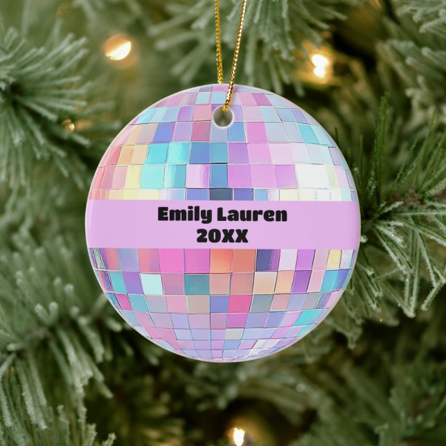 Custom Sparkly Pink & Rainbow Disco Ball Christmas Ceramic Ornament (Tree)