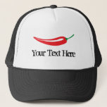 Custom spicy hot red chilli pepper trucker hat<br><div class="desc">Custom spicy hot red chilli pepper trucker hat. Spicy food design with vintage typography template. Add your own name,  monogram or funny quote / saying. Cute gift idea for men and women. Black and white cap.</div>