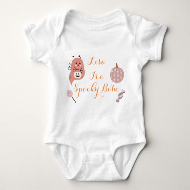 Custom Spooky Babe Cute Halloween Ghost & Pumpkin Baby Bodysuit (Front)