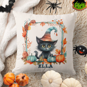 Custom Spooky Black Cat Witch Pumpkin Halloween Cushion