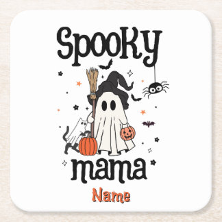 Custom Spooky Mama Halloween – Ghost, Cat, Pumpkin Square Paper Coaster