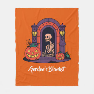 Custom Spooky Pumpkin Creepy Skeleton Halloween Fleece Blanket