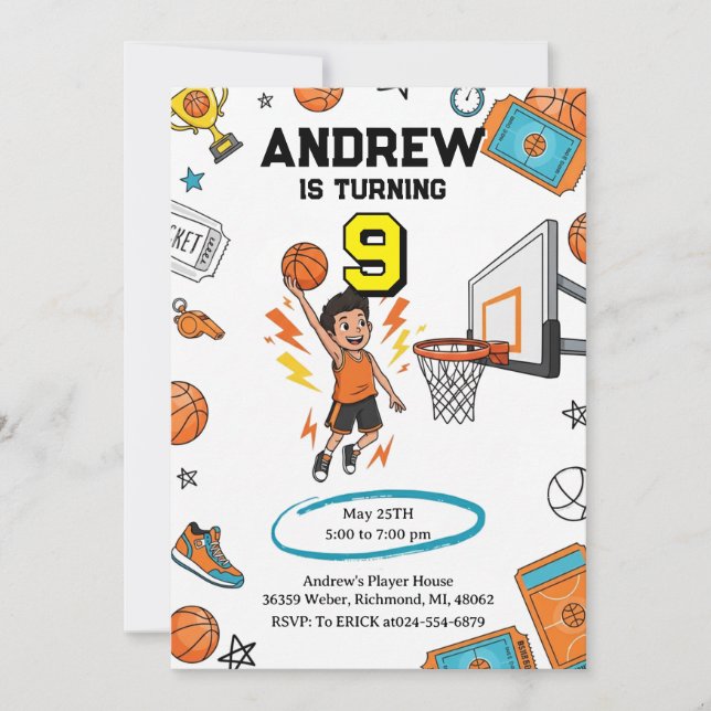 Custom Sport Basketball Birthday Invitation (Front)