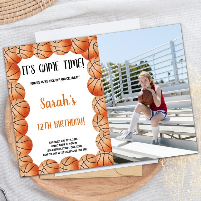 Custom Sports Party Invite for Kids (Basketballs Orange Round Birthday Invitations phot)