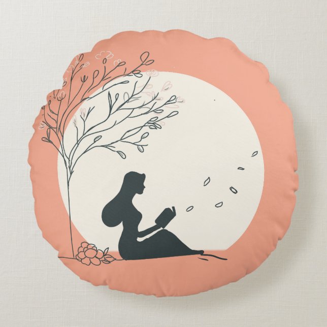Custom Spring Aesthetic | Peaceful Girl Reading  Round Cushion (Front)