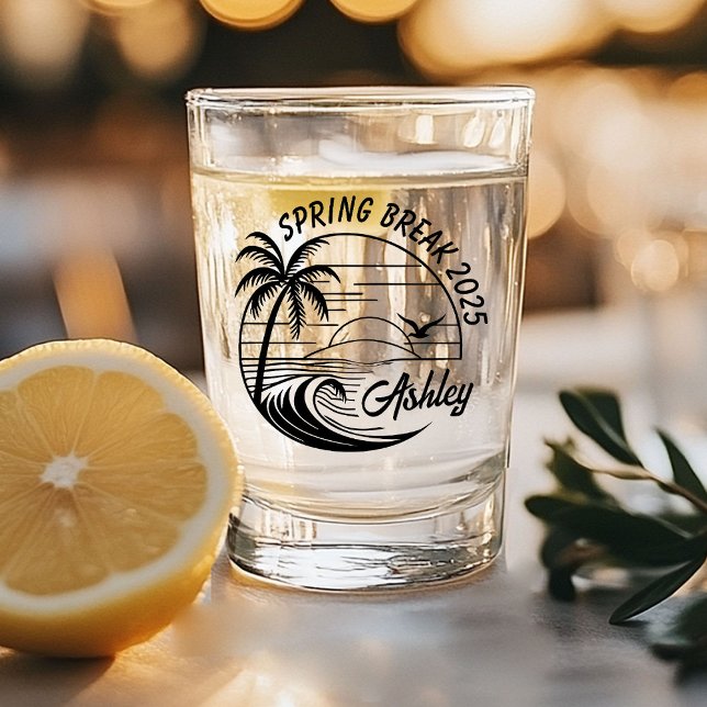 Custom Spring Break Girls Trip Cute Beach Fun Shot Glass (A shot glass with "Spring Break 2025" and "Ashley" printed in black, featuring palm trees and waves.)