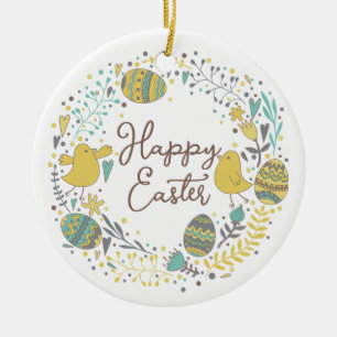 Custom Spring Floral Cute Chicks Happy Easter Ceramic Ornament