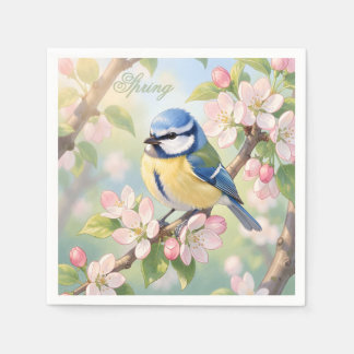 Custom Spring Party Blue Tit Bird on Apple Tree Napkin