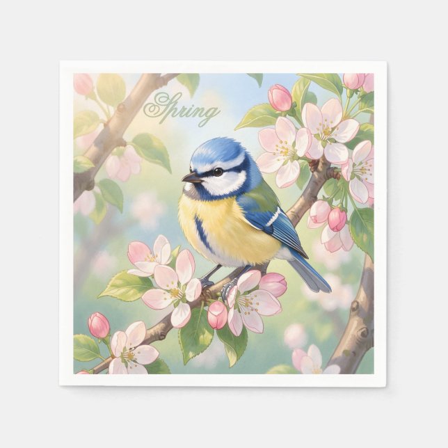 Custom Spring Party Blue Tit Bird on Apple Tree Napkin (Front)