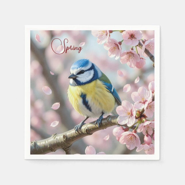 Custom Spring Party Blue Tit Bird on Cherry Tree Napkin (Front)