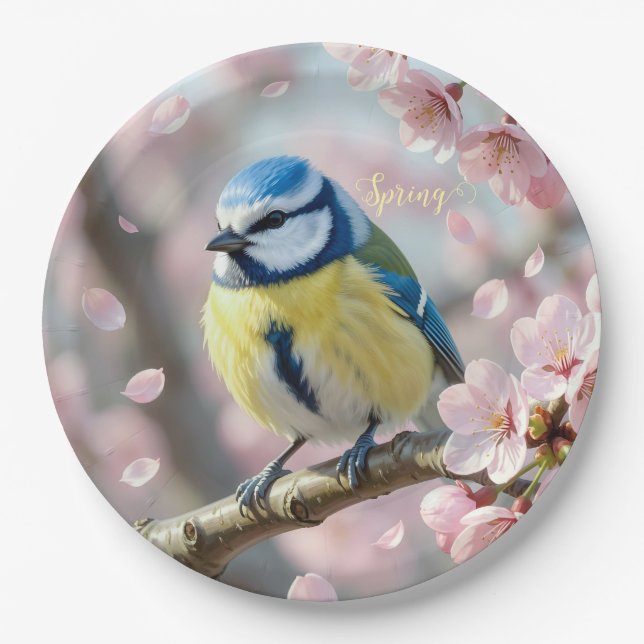 Custom Spring Party Blue Tit Bird on Cherry Tree Paper Plate (Front)